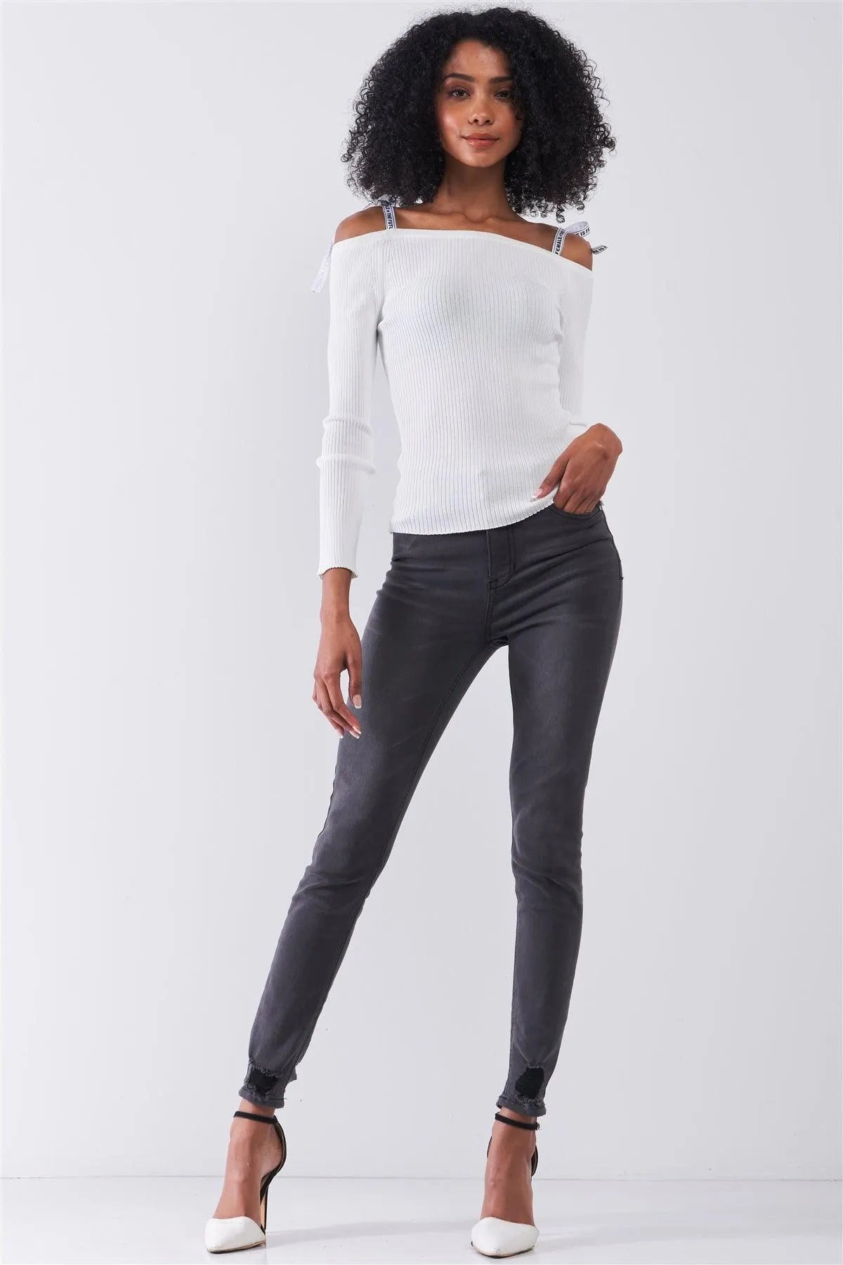 White Ribbed Off-The-Shoulder Printed Self-Tie Shoulder Strap Detail Long Sleeve Fitted Top /1-2-1 - Tasha Apparel Wholesale