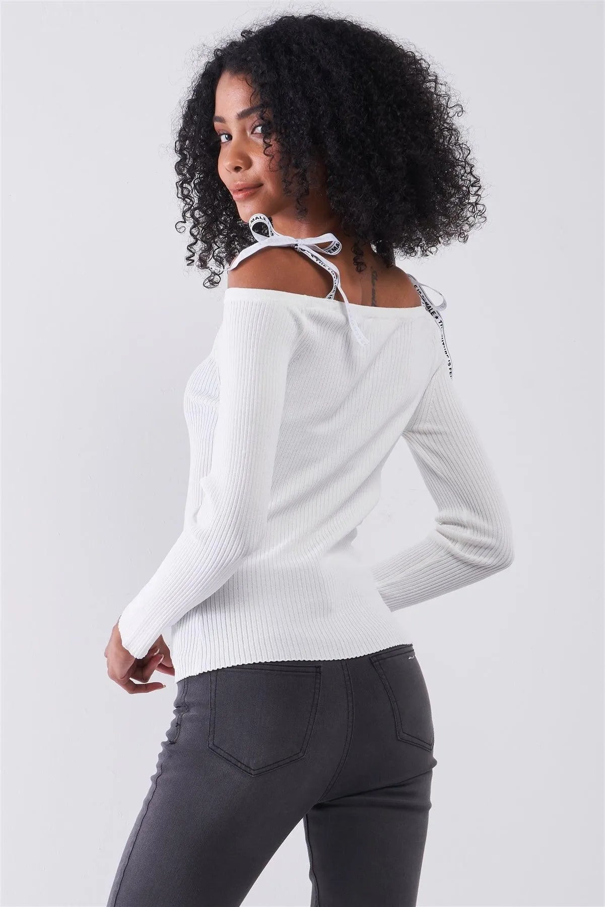 White Ribbed Off-The-Shoulder Printed Self-Tie Shoulder Strap Detail Long Sleeve Fitted Top /1-2-1 - Tasha Apparel Wholesale