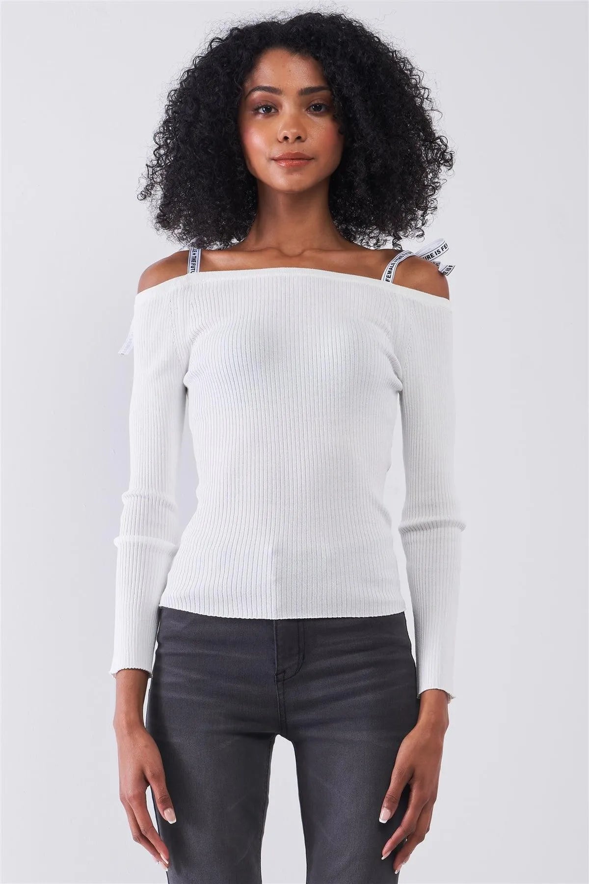 White Ribbed Off-The-Shoulder Printed Self-Tie Shoulder Strap Detail Long Sleeve Fitted Top /1-2-1 - Tasha Apparel Wholesale