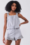Light Blue & White Striped Sleeveless Ruffle Detail Crop Top & High Waist Ruffle Hem Mini Shorts Two-Piece Set /1-2-2-1 - Tasha Apparel Wholesale