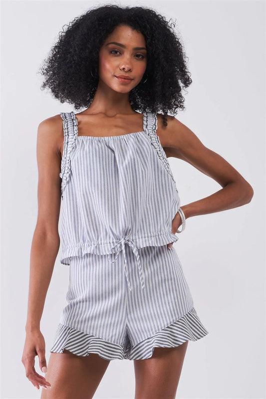 Light Blue & White Striped Sleeveless Ruffle Detail Crop Top & High Waist Ruffle Hem Mini Shorts Two-Piece Set /1-2-2-1 - Tasha Apparel Wholesale