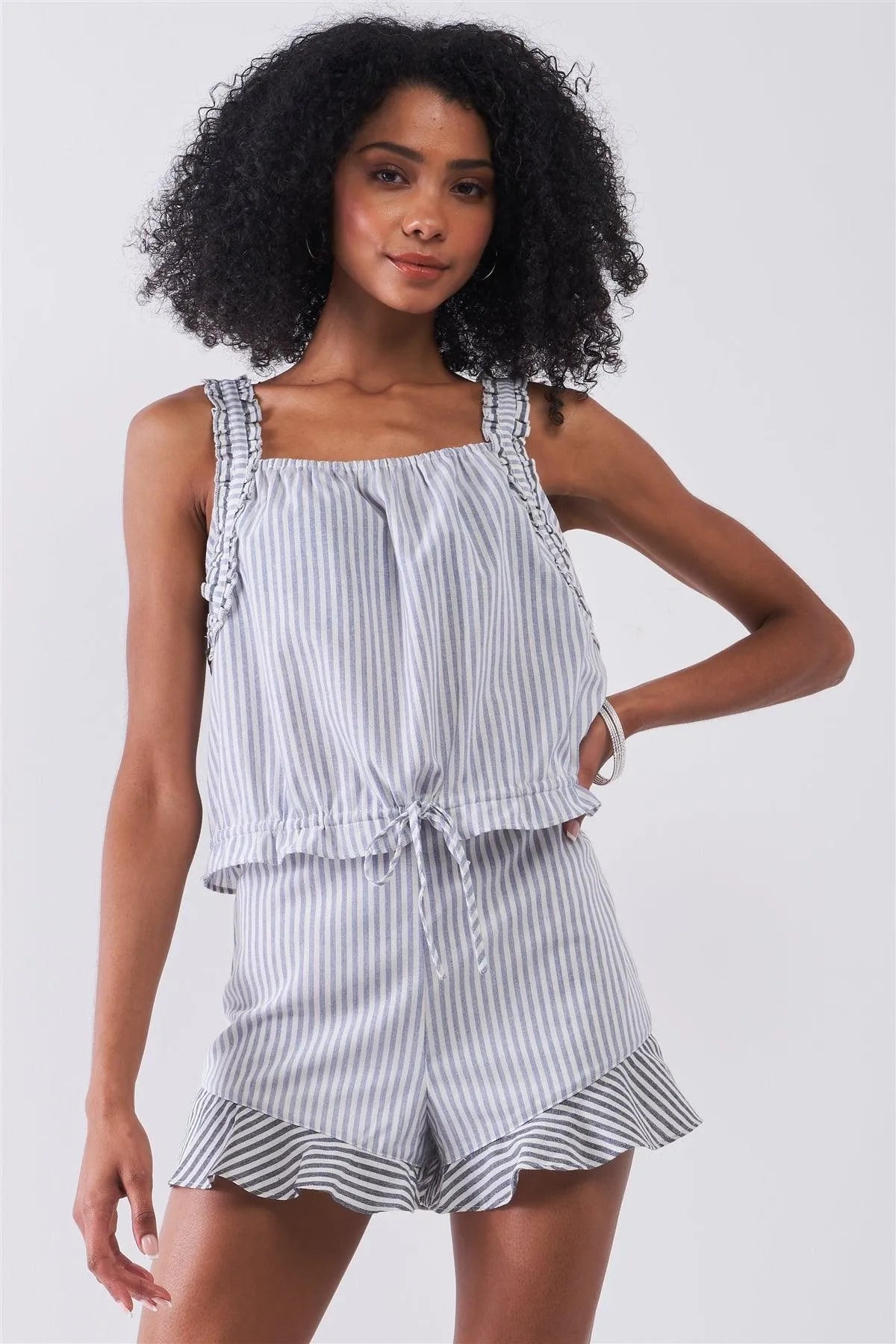 Light Blue & White Striped Sleeveless Ruffle Detail Crop Top - Tasha Apparel Wholesale