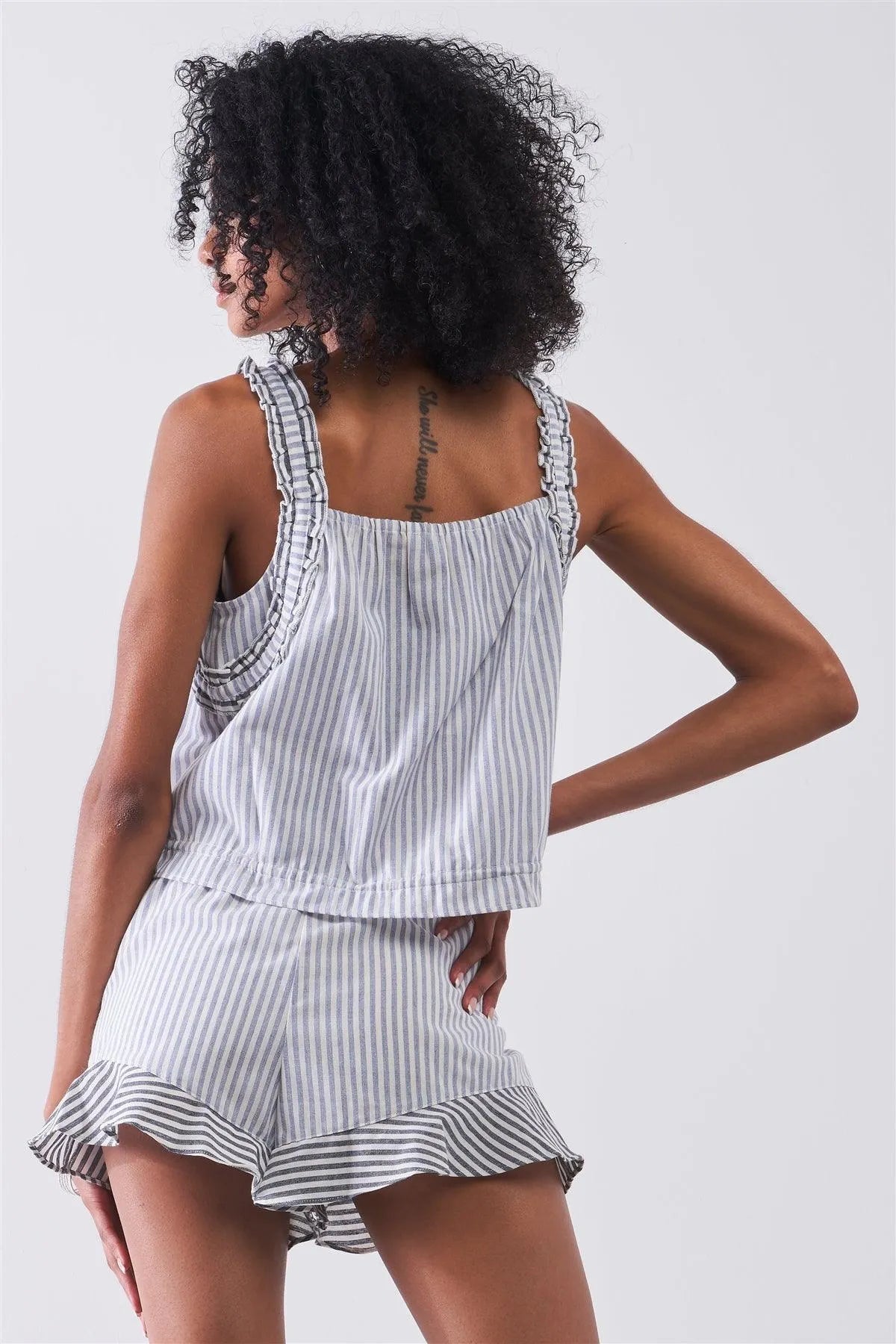 Light Blue & White Striped Sleeveless Ruffle Detail Crop Top - Tasha Apparel Wholesale