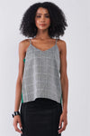 Grey Checkered Pattern Sleeveless V-Neck Multicolor Striped Side Detail Babydoll Top /1-2-2-1 - Tasha Apparel Wholesale