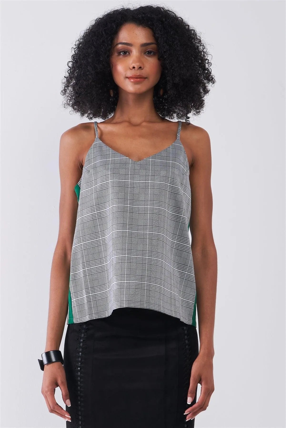 Grey Checkered Pattern Sleeveless V-Neck Multicolor Striped Side Detail Babydoll Top /1-2-2-1 - Tasha Apparel Wholesale