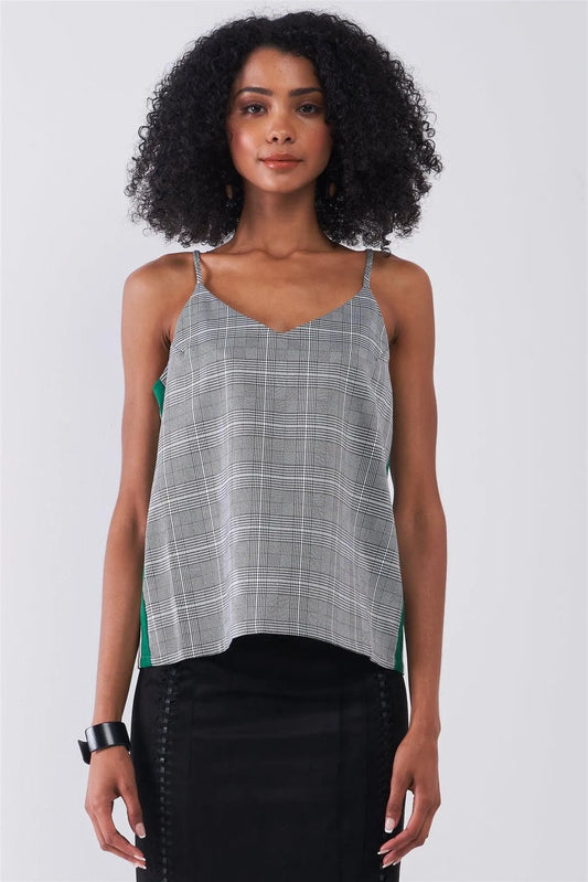 Grey Checkered Pattern Sleeveless V-Neck Multicolor Striped Side Detail Babydoll Top /1-2-2-1 - Tasha Apparel Wholesale