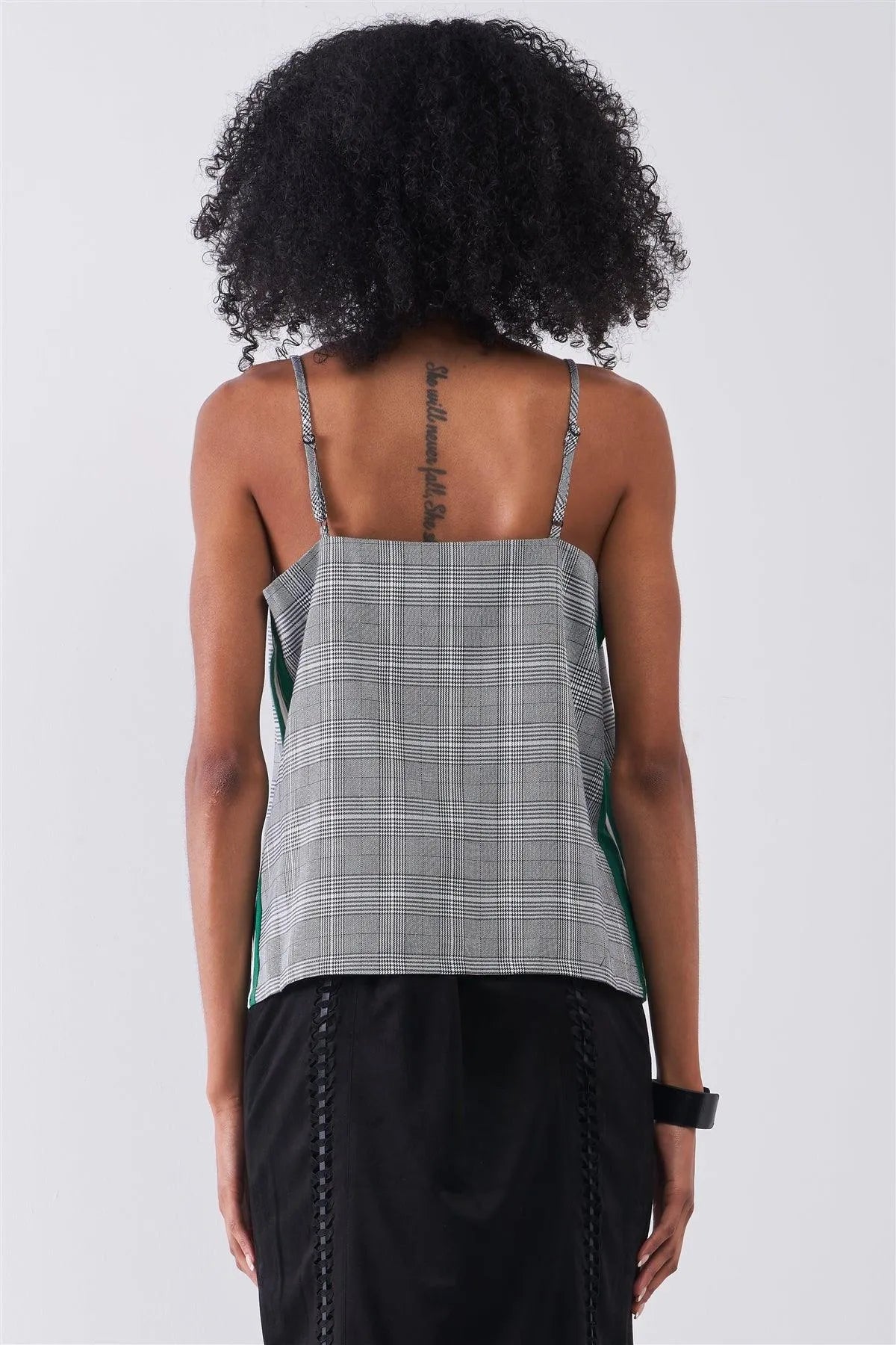 Grey Checkered Pattern Sleeveless V-Neck Multicolor Striped Side Detail Babydoll Top /1-2-2-1 - Tasha Apparel Wholesale