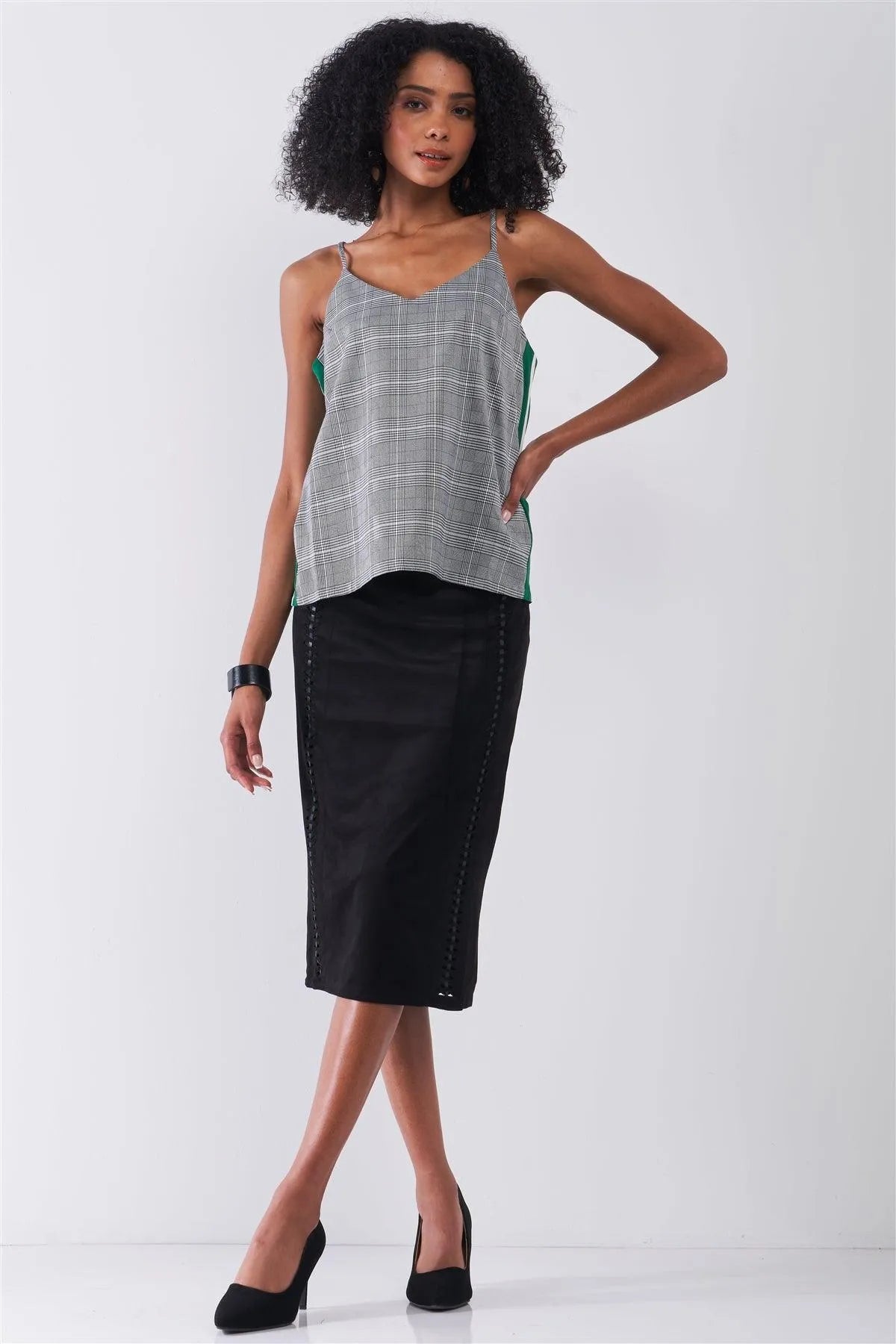 Grey Checkered Pattern Sleeveless V-Neck Multicolor Striped Side Detail Babydoll Top /1-2-2-1 - Tasha Apparel Wholesale