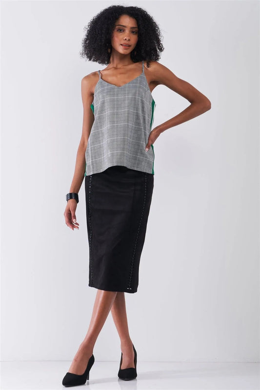Grey Checkered Pattern Sleeveless V-Neck Multicolor Striped Side Detail Babydoll Top /2-1-1-2 - Tasha Apparel Wholesale