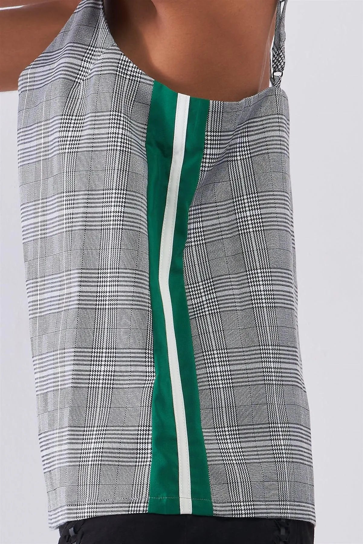 Grey Checkered Pattern Sleeveless V-Neck Multicolor Striped Side Detail Babydoll Top /2-1-1-2 - Tasha Apparel Wholesale