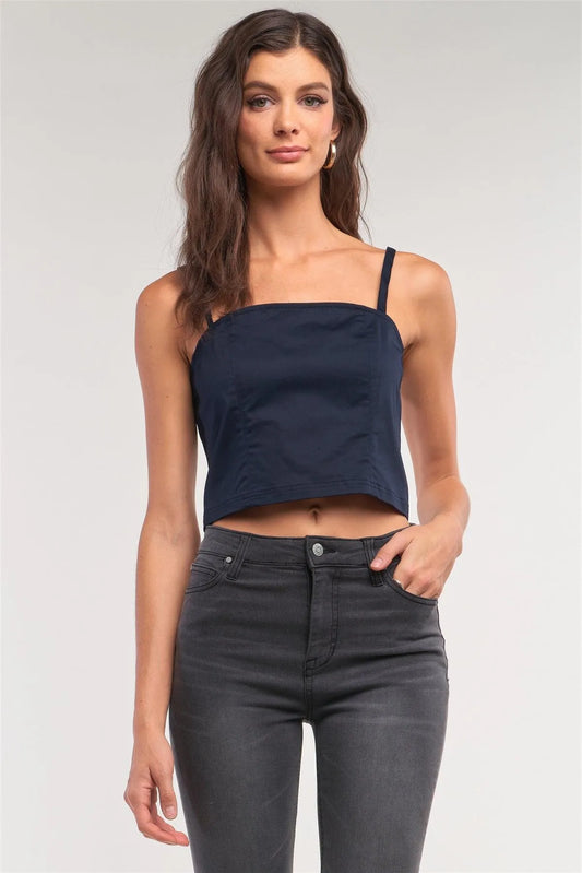 Navy Sleeveless Square Neck Back Zipper Closure Cropped Top /1-3-1 - Tasha Apparel Wholesale