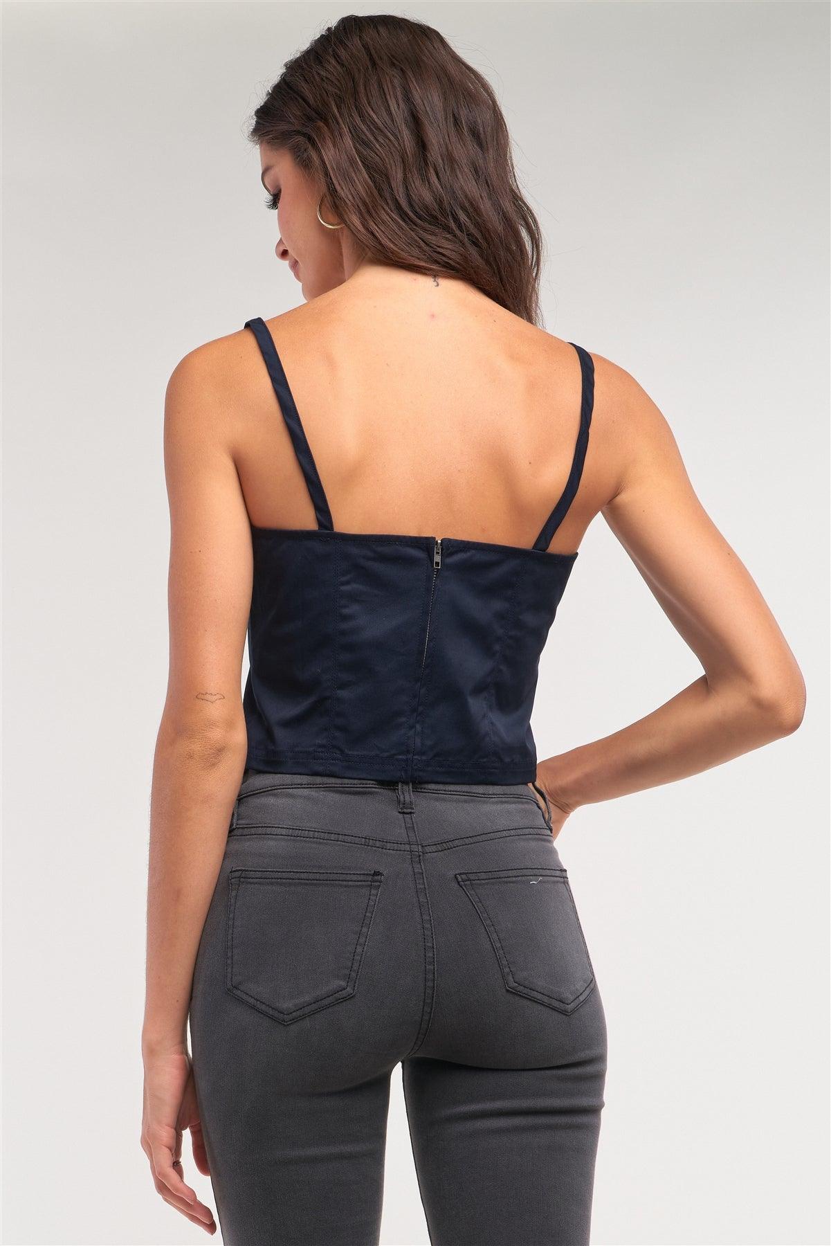 Navy Sleeveless Square Neck Back Zipper Closure Cropped Top /1-2-2-1
