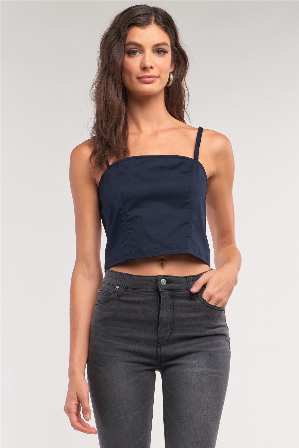 Navy Sleeveless Square Neck Back Zipper Closure Cropped Top /1-2-2-1