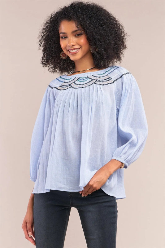 Denim Blue Striped Embroidery Trim Crew Neck Loose Fit Balloon Sleeve Blouse /1-2-2-1 - Tasha Apparel Wholesale