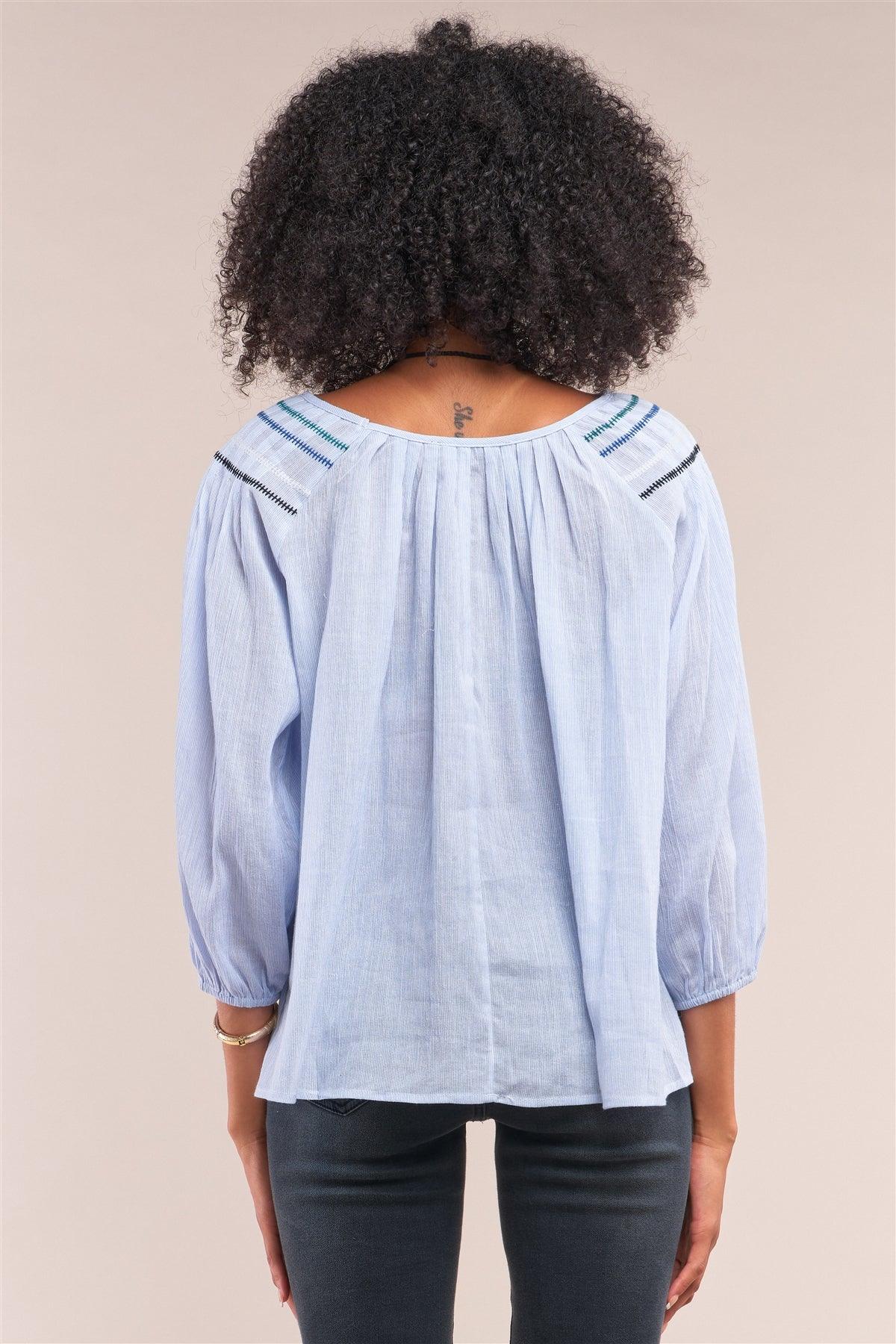 Denim Blue Striped Embroidery Trim Crew Neck Loose Fit Balloon Sleeve Blouse /1-2-2-1
