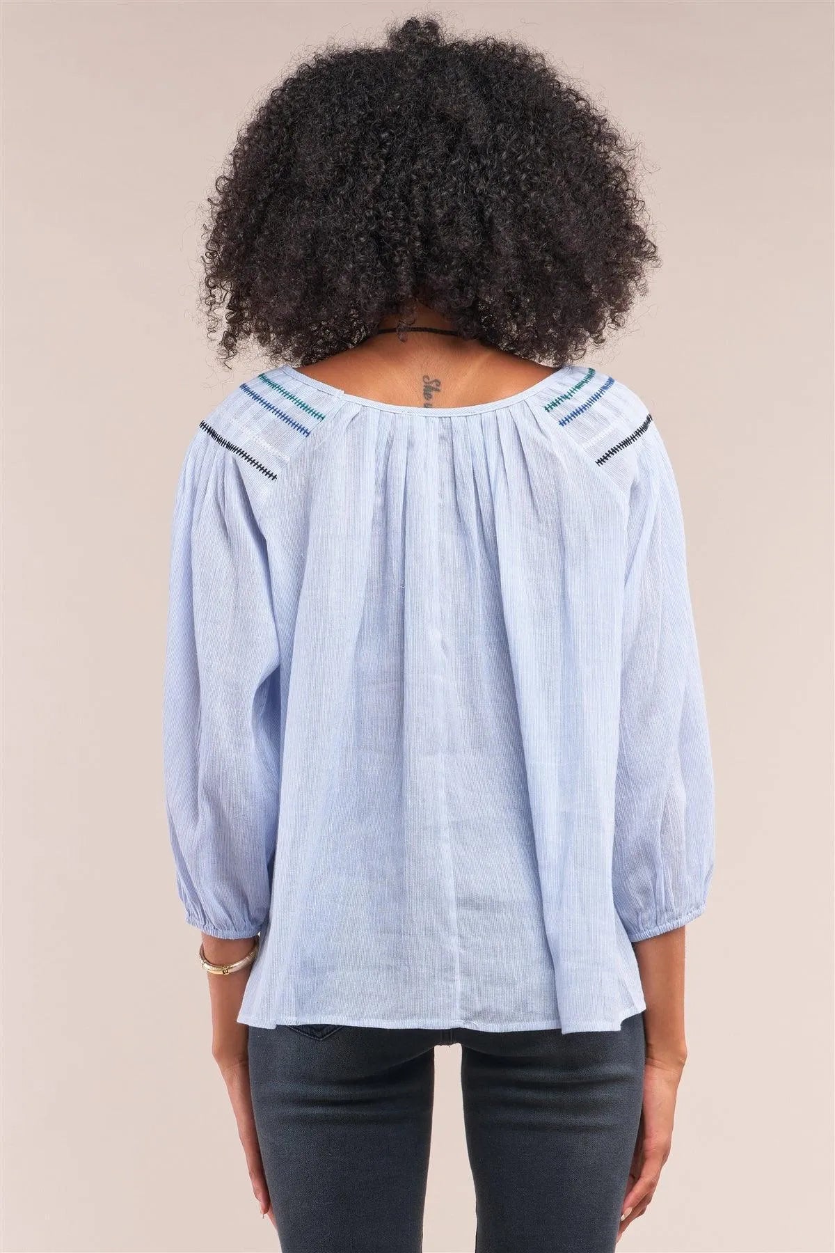 Denim Blue Striped Embroidery Trim Crew Neck Loose Fit Balloon Sleeve Blouse /1-2-2-1 - Tasha Apparel Wholesale