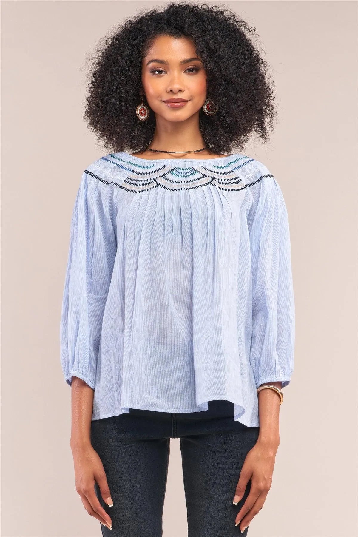 Denim Blue Striped Embroidery Trim Crew Neck Loose Fit Balloon Sleeve Blouse /1-2-2-1 - Tasha Apparel Wholesale