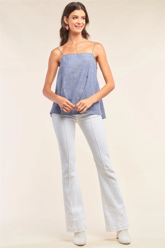 Denim Striped Sleeveless Self-Tie Back Keyhole Top /1-2-3-1 - Tasha Apparel Wholesale
