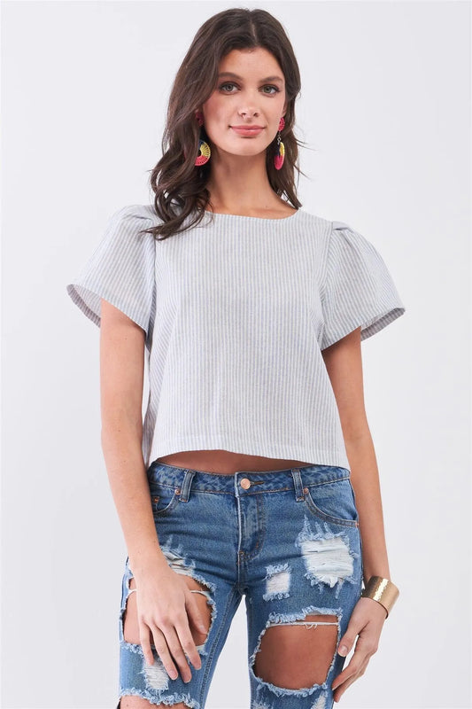 Blue Striped Self-Tie Back Triple Detail Puff Short Sleeve Exposed Back Crop Top /1-2-2-1 - Tasha Apparel Wholesale