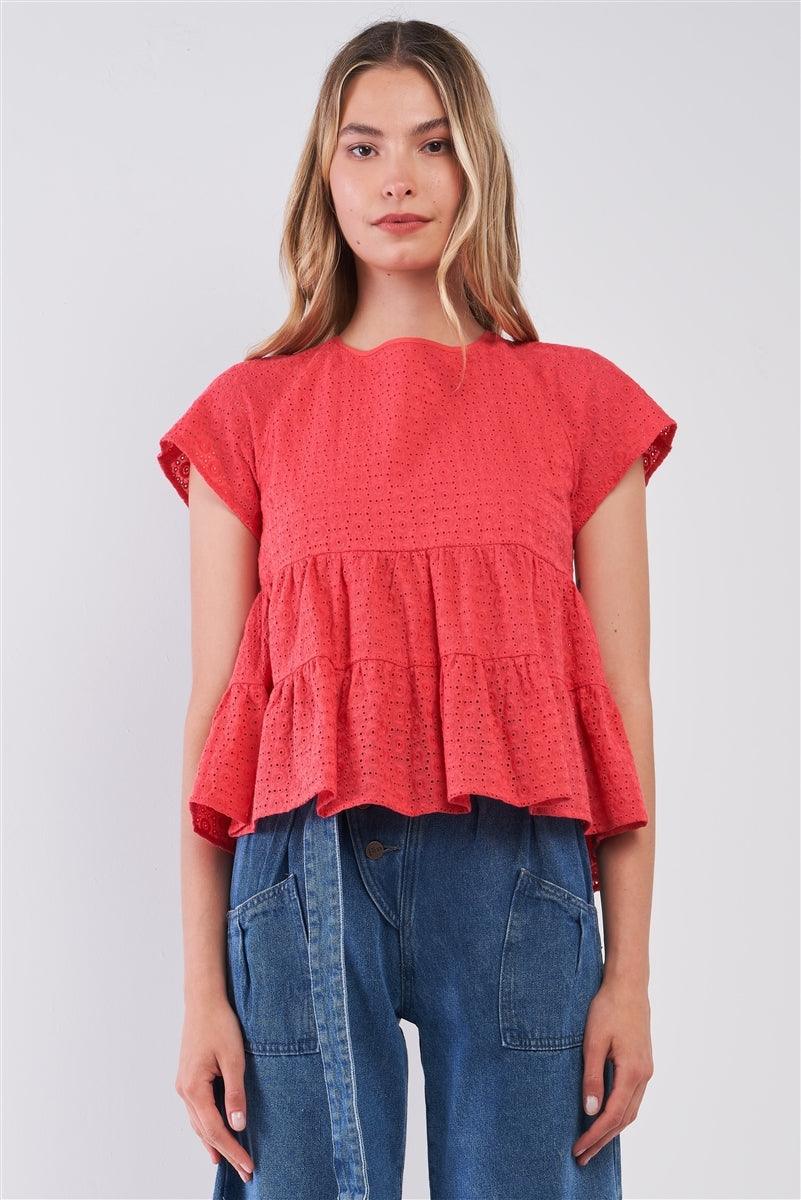 Red Short Sleeve Eyelet Self-Tie V-Back Tiered Loose Fit Flare Top /1-2-1-1-2