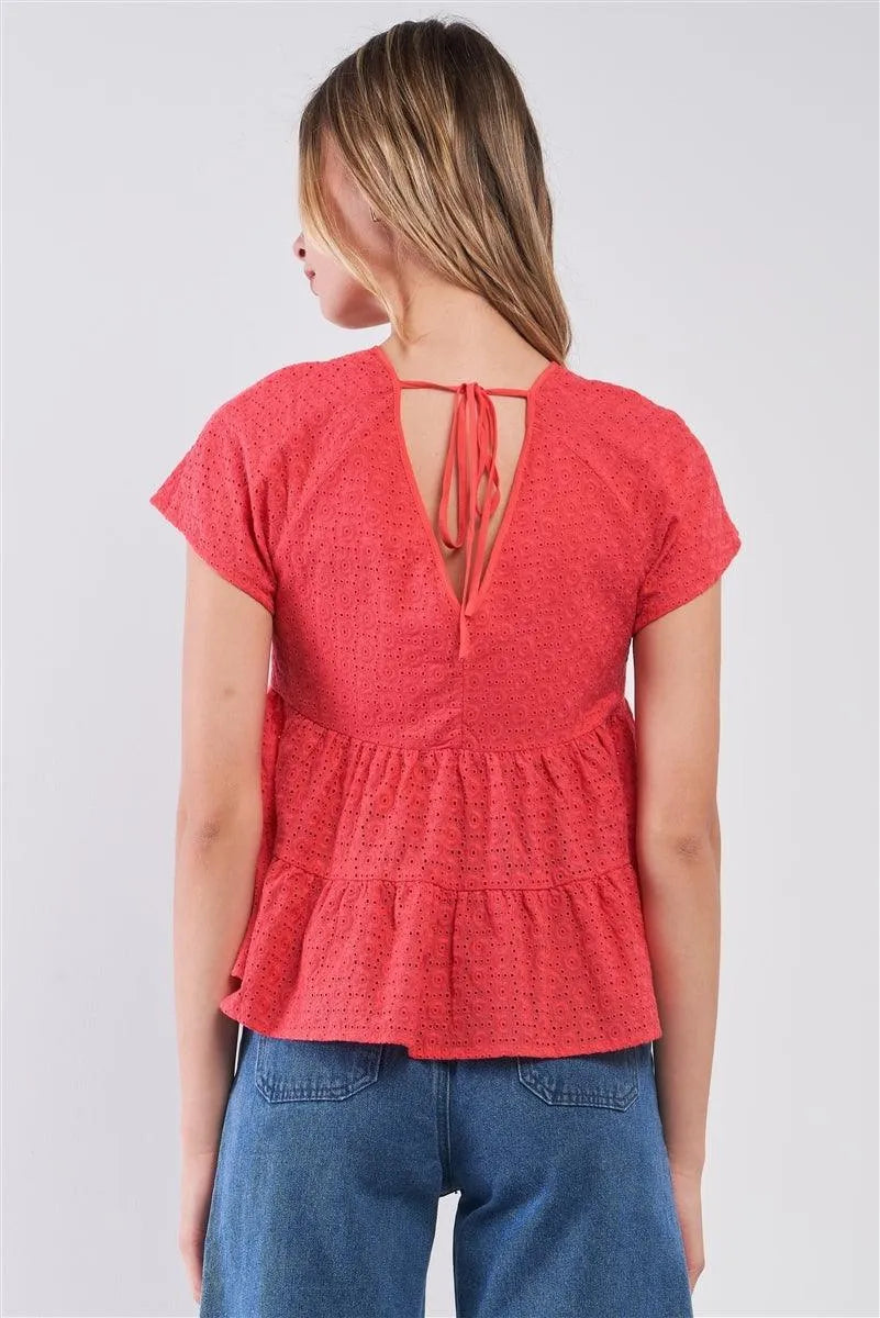 Red Short Sleeve Eyelet Self-Tie V-Back Tiered Loose Fit Flare Top /1-2-1-1-2 - Tasha Apparel Wholesale