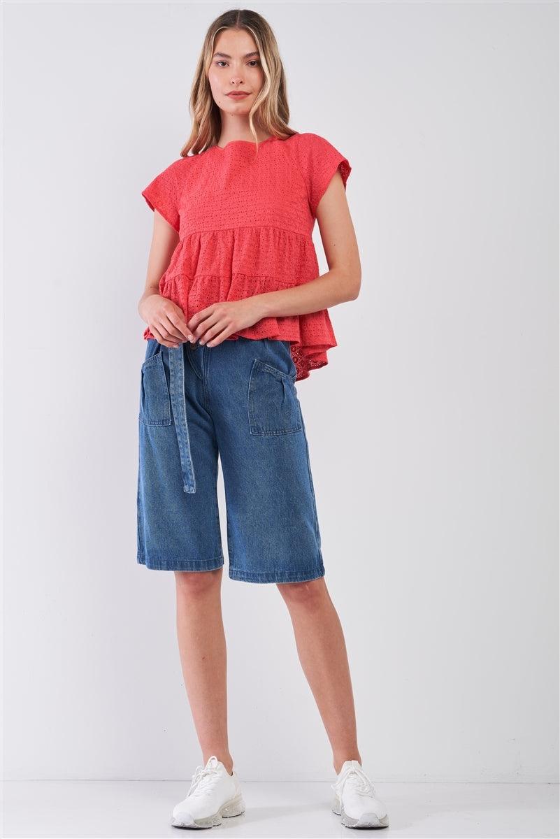 Red Short Sleeve Eyelet Self-Tie V-Back Tiered Loose Fit Flare Top /1-2-1-1-2