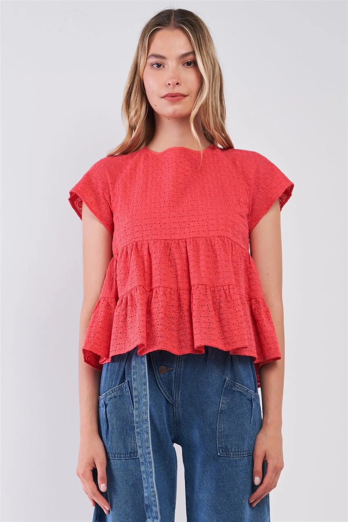 Red Short Sleeve Eyelet Self-Tie V-Back Tiered Loose Fit Flare Top /1-2-3 - Tasha Apparel Wholesale
