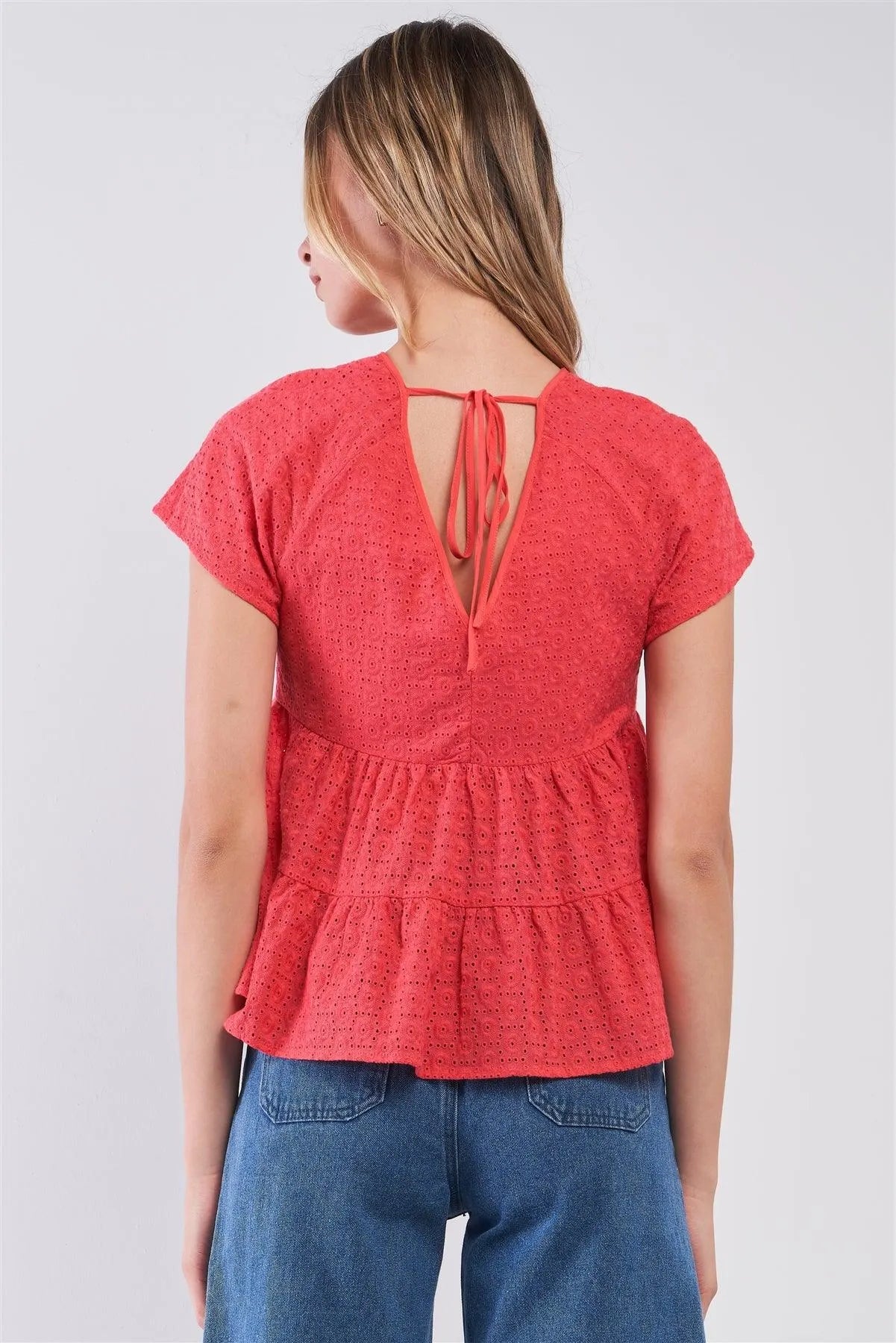 Red Short Sleeve Eyelet Self-Tie V-Back Tiered Loose Fit Flare Top /1-2-3 - Tasha Apparel Wholesale