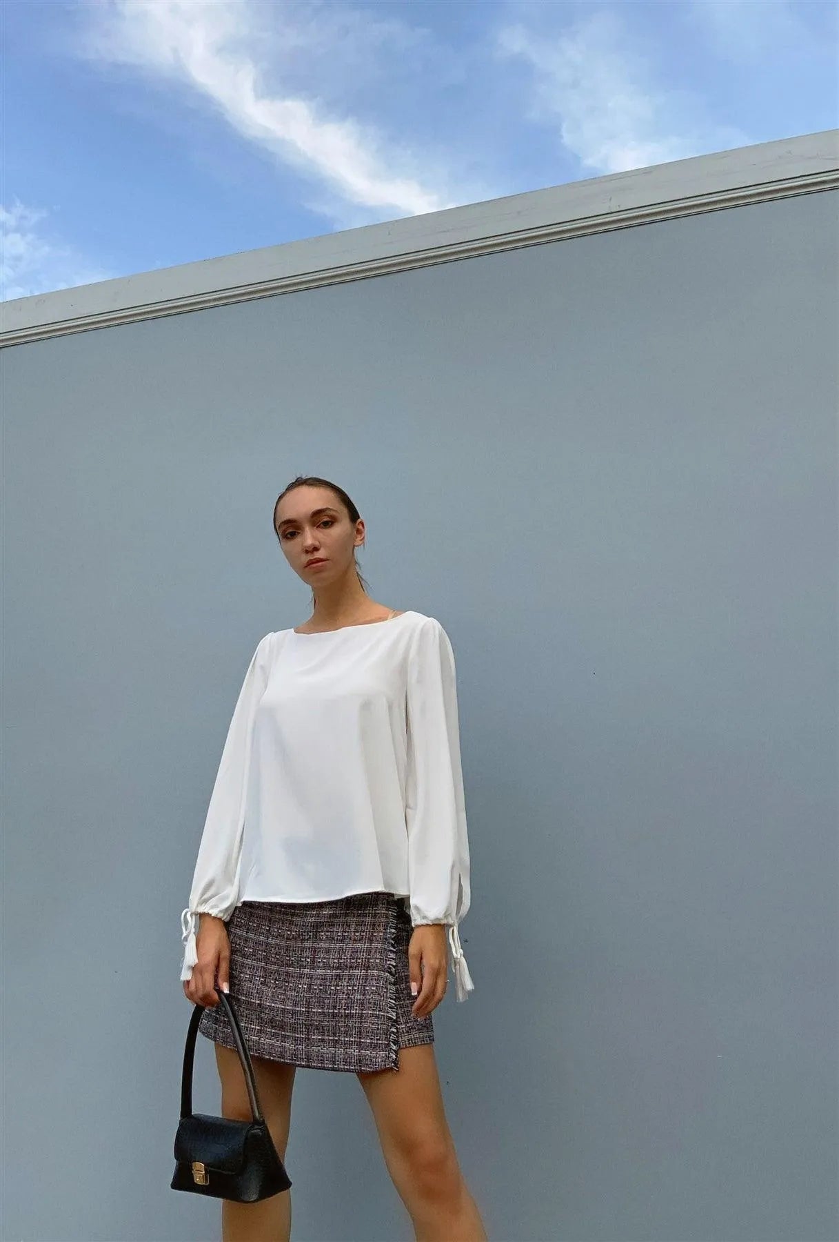 White Bateau Neck Relaxed Fit Tassel Tie Detail Long Sleeve Blouse /1-2-2-1 - Tasha Apparel Wholesale