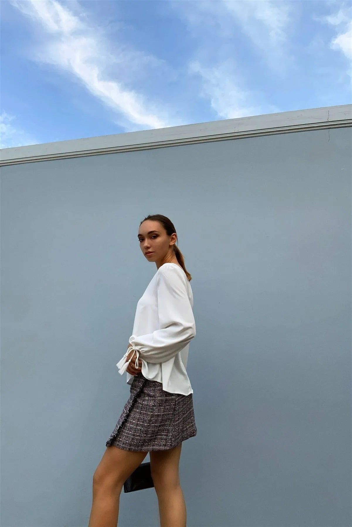 White Bateau Neck Relaxed Fit Tassel Tie Detail Long Sleeve Blouse /1-2-2-1 - Tasha Apparel Wholesale