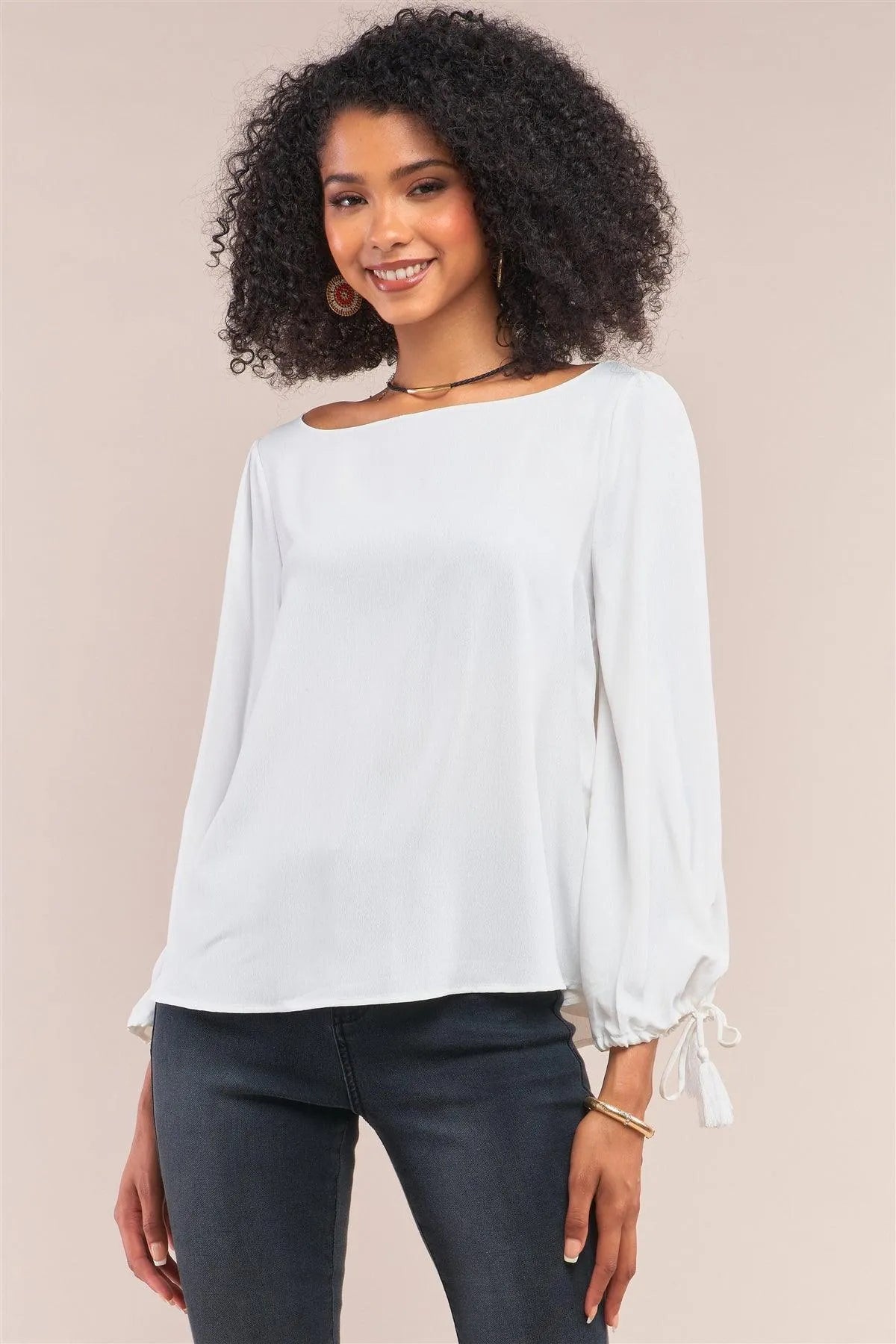 White Bateau Neck Relaxed Fit Tassel Tie Detail Long Sleeve Blouse /1-2-2-1 - Tasha Apparel Wholesale