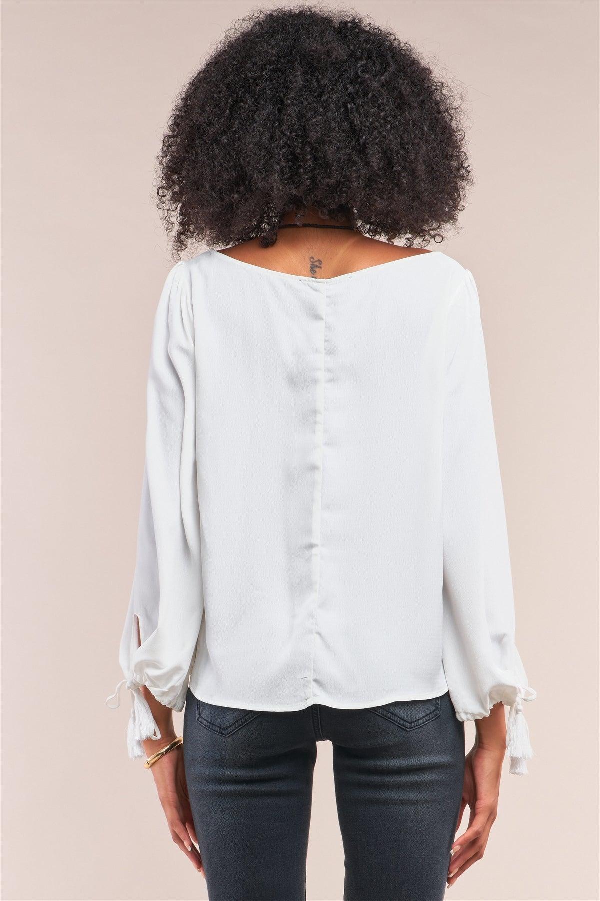 White Bateau Neck Relaxed Fit Tassel Tie Detail Long Sleeve Blouse /1-2-2-1