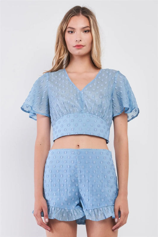 Sky Blue Polka Dot V Neck Short Angel Sleeve Cropped Length & High-Waisted Ruffle Hem Shorts Two Piece Set /1-2-2-1 - Tasha Apparel Wholesale