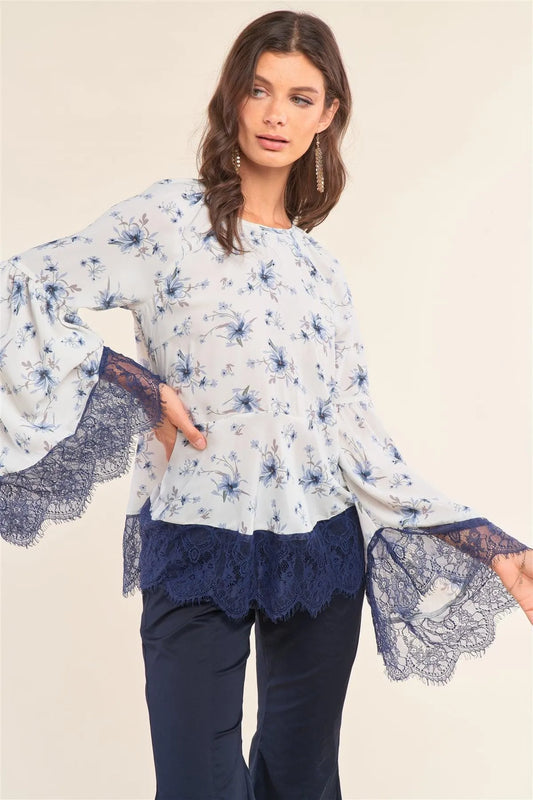 White&Blue Floral Print Relaxed Fit Round Neck Long Bell Sleeve Lace Hem Detail Blouse /1-2-2-1 - Tasha Apparel Wholesale