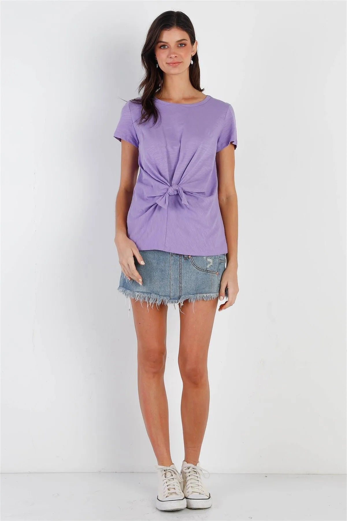 Lavender Cotton Front Tie Detail Short Sleeve Top /2-1-1-2 - Tasha Apparel Wholesale