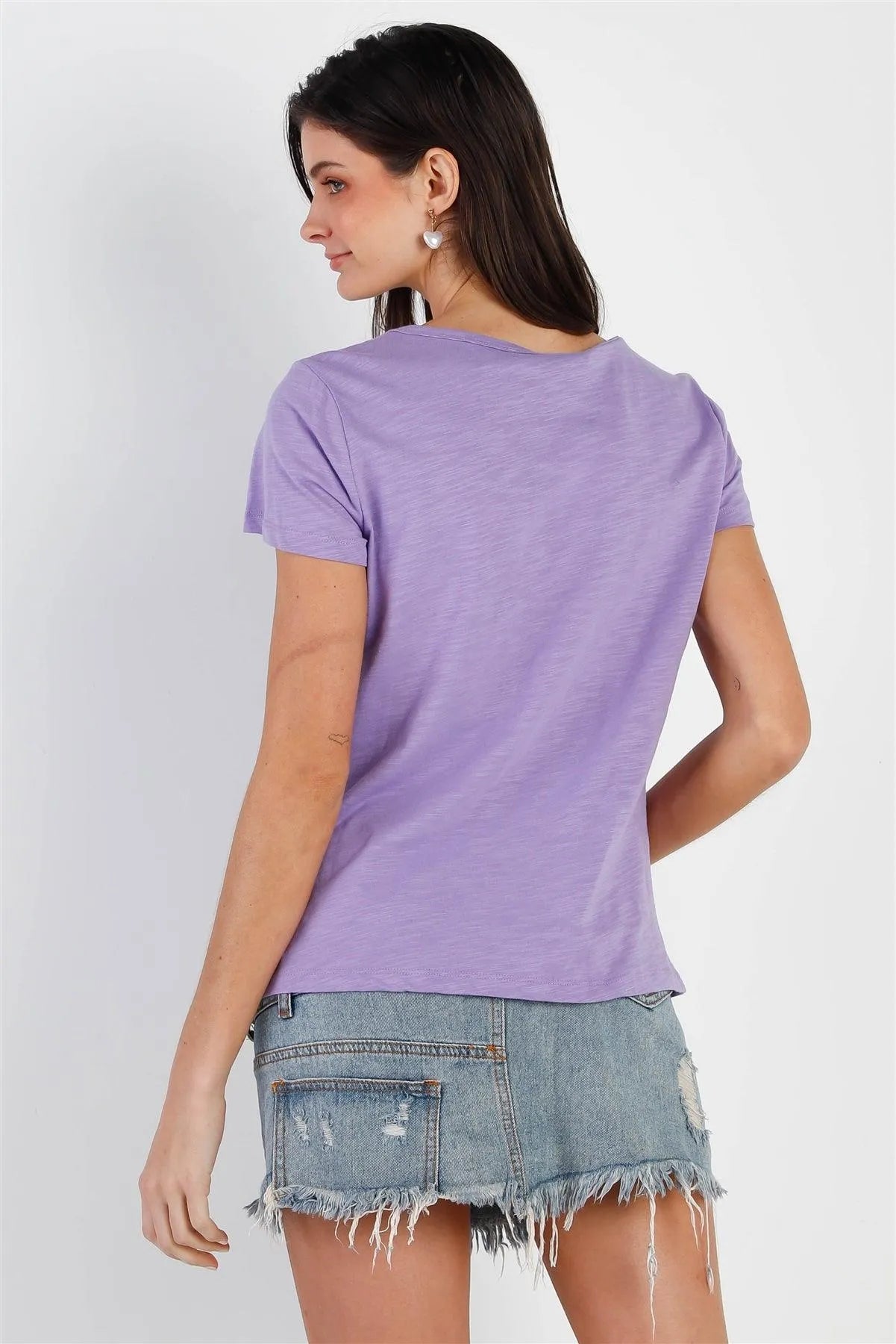 Lavender Cotton Front Tie Detail Short Sleeve Top /2-1-1-2 - Tasha Apparel Wholesale