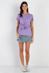 Lavender Cotton Front Tie Detail Short Sleeve Top /1-2-2-1 - Tasha Apparel Wholesale