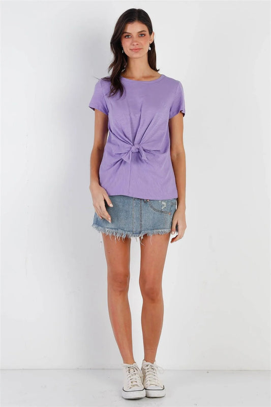 Lavender Cotton Front Tie Detail Short Sleeve Top /1-2-2-1 - Tasha Apparel Wholesale