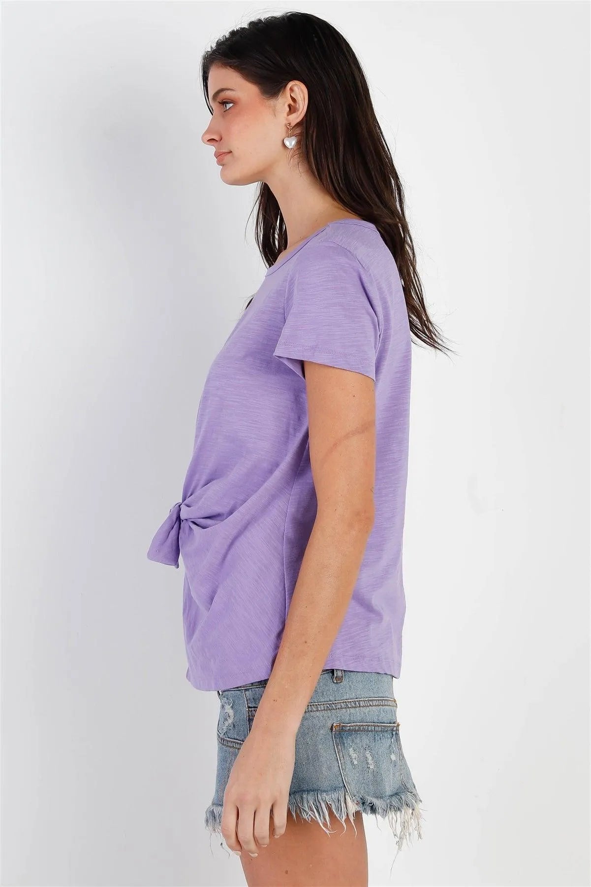 Lavender Cotton Front Tie Detail Short Sleeve Top /1-2-2-1 - Tasha Apparel Wholesale