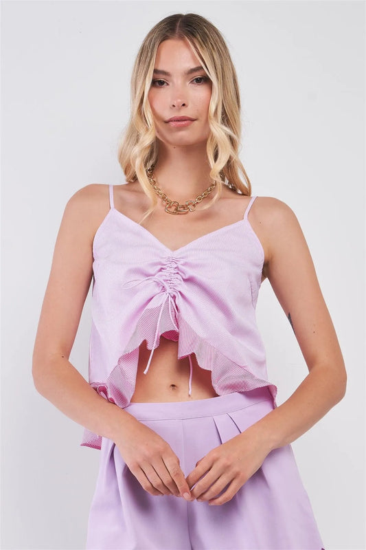 Pink Sleeveless Striped Pattern Print V-Neck Ruched Front Detail Ruffle Hem Top /1-2-2-1 - Tasha Apparel Wholesale