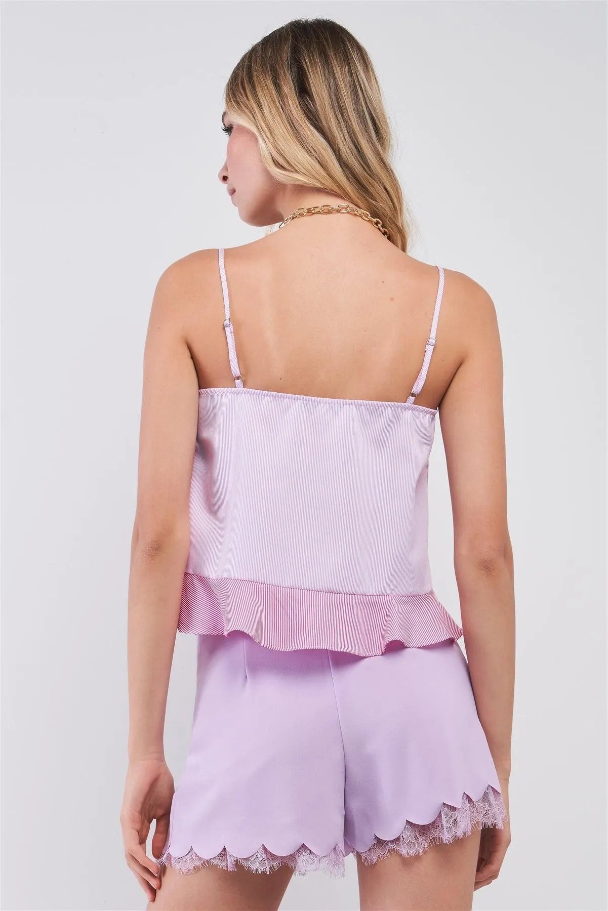 Pink Sleeveless Striped Pattern Print V-Neck Ruched Front Detail Ruffle Hem Top /1-2-2-1 - Tasha Apparel Wholesale