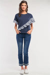 Navy Loose Fit Round Neck Striped Ruffle Trim Detail Top /2-2-1 - Tasha Apparel Wholesale