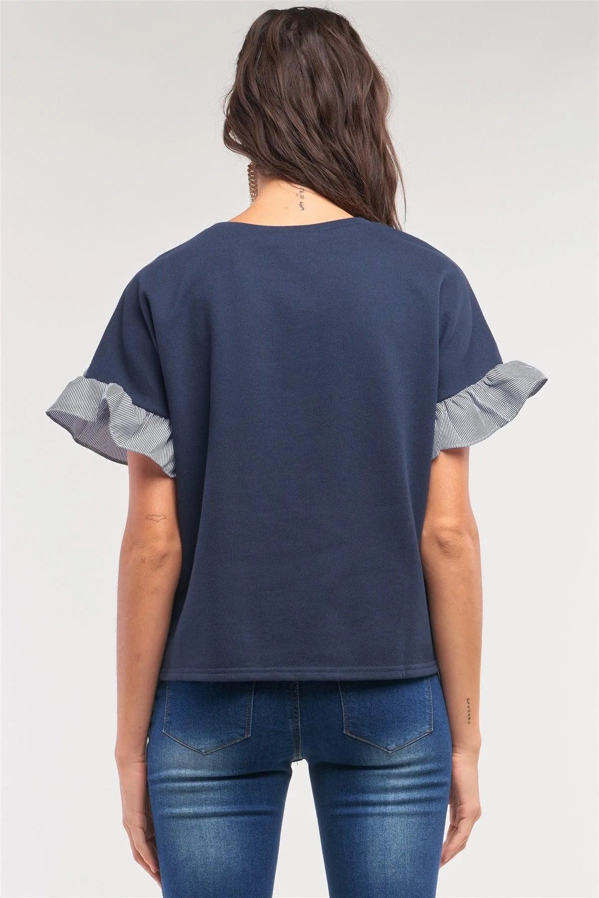 Navy Loose Fit Round Neck Striped Ruffle Trim Detail Top /2-2-1 - Tasha Apparel Wholesale