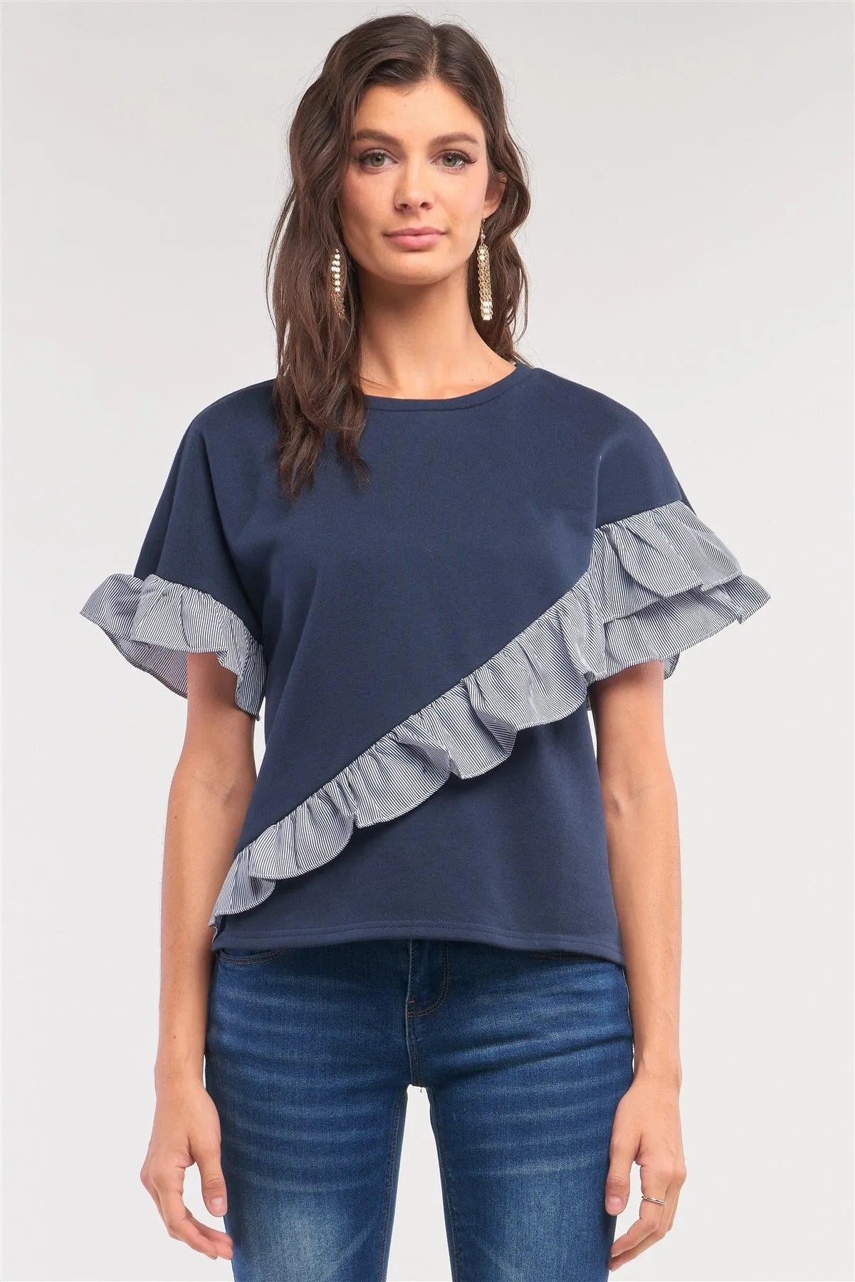 Navy Loose Fit Round Neck Striped Ruffle Trim Detail Top /1-2-2-1 - Tasha Apparel Wholesale