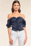 Royal Blue Satin Off-The-Shoulder Ruffle Front Corset Lace-Up Detail Fitted Top /1-2-1 - Tasha Apparel Wholesale