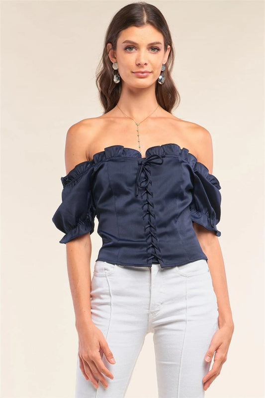 Royal Blue Satin Off-The-Shoulder Ruffle Front Corset Lace-Up Detail Fitted Top /1-2-1 - Tasha Apparel Wholesale