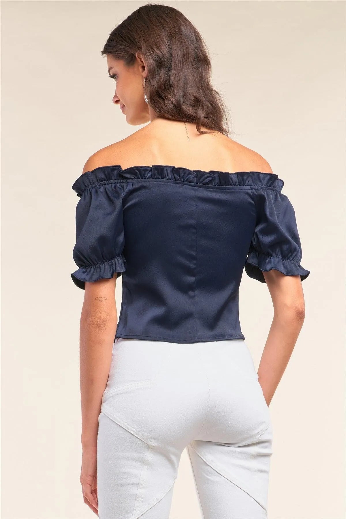 Royal Blue Satin Off-The-Shoulder Ruffle Front Corset Lace-Up Detail Fitted Top /1-2-1 - Tasha Apparel Wholesale