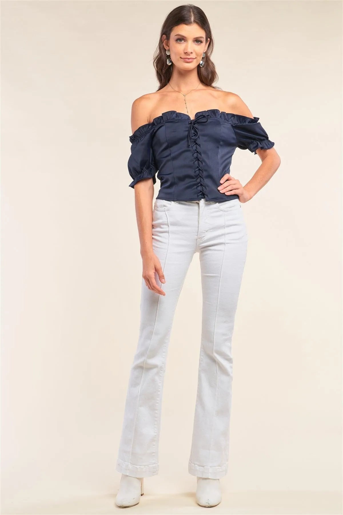 Royal Blue Satin Off-The-Shoulder Ruffle Front Corset Lace-Up Detail Fitted Top /1-2-1 - Tasha Apparel Wholesale