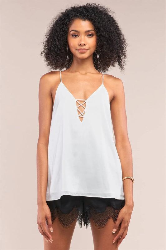 White Sleeveless V-Neck Side Cris Cross Cut-Out Loose Fit Top /1-2-2-1 - Tasha Apparel Wholesale