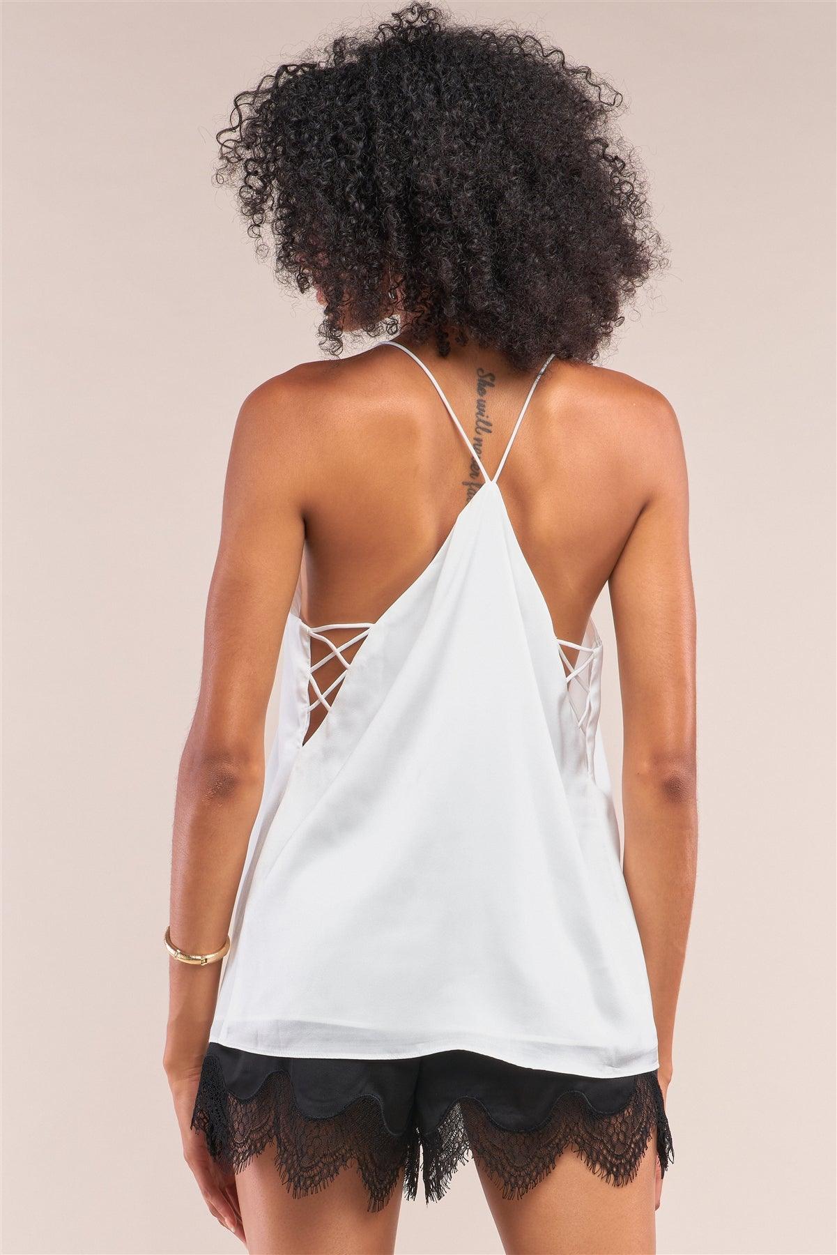 White Sleeveless V-Neck Side Cris Cross Cut-Out Loose Fit Top /1-2-2-1
